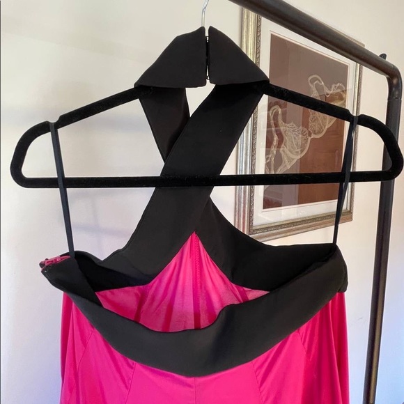 💕 AQ/AQ Opium Halter Cross Neck Cerise Pink High Low Asymmetric Prom Maxi Dress - Picture 8 of 13